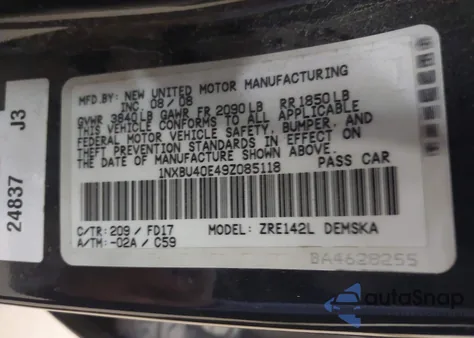 2009 Toyota Corolla S z USA, uszkodzony, nr VIN 1NXBU40E49Z085118